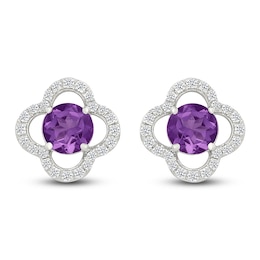 Natural Amethyst & White Lab-Created Sapphire Clover Halo Stud Earrings Sterling Silver