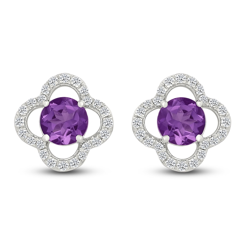 Main Image 1 of Natural Amethyst & White Lab-Created Sapphire Clover Halo Stud Earrings Sterling Silver