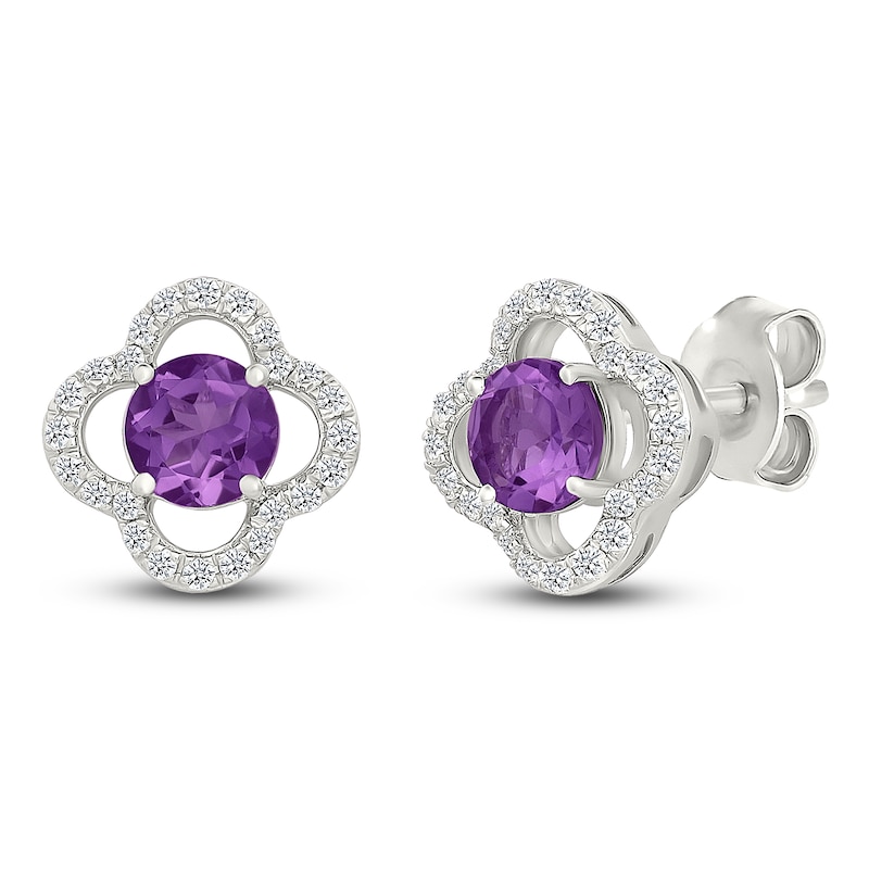 Main Image 2 of Natural Amethyst & White Lab-Created Sapphire Clover Halo Stud Earrings Sterling Silver