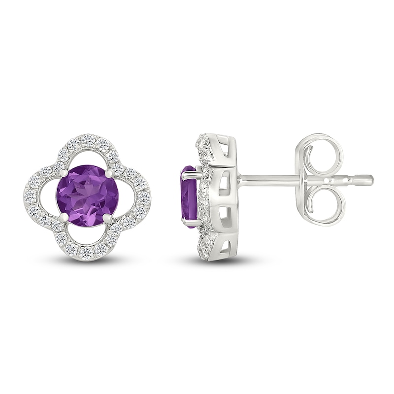 Main Image 3 of Natural Amethyst & White Lab-Created Sapphire Clover Halo Stud Earrings Sterling Silver