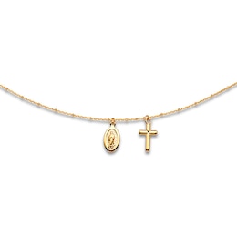 Virgin Mary & Cross Choker Necklace 14K Yellow Gold 16&quot; Adj.