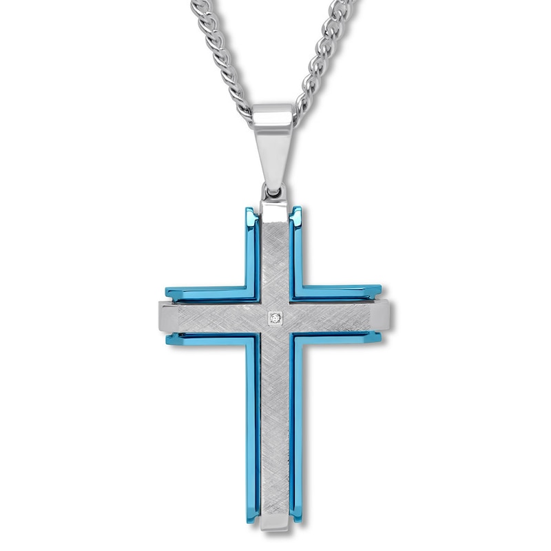 Main Image 1 of Cross Necklace Diamond Accent Stainless Steel 24&quot;