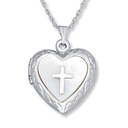 Cross Heart Locket Mother-of-Pearl Sterling Silver 18&quot;