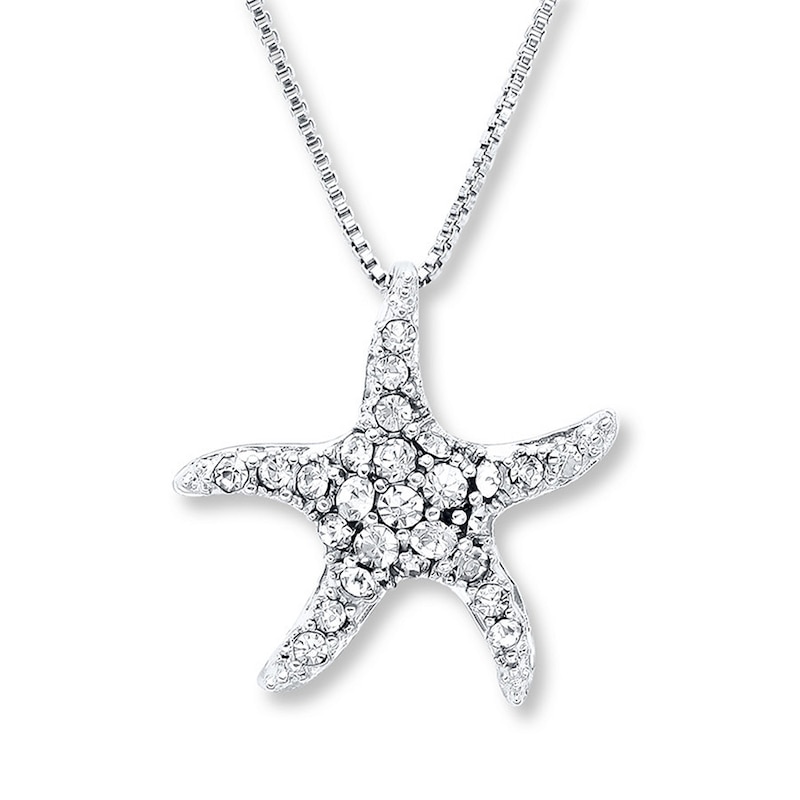 Starfish Necklace White Crystals Sterling Silver 18"