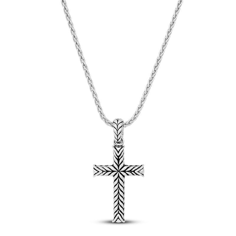 Wheat Design Textured Cross Pendant Sterling Silver 17"