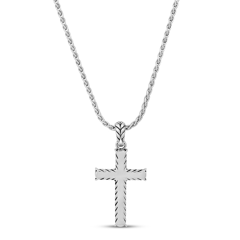 Wheat Design Textured Cross Pendant Sterling Silver 17"