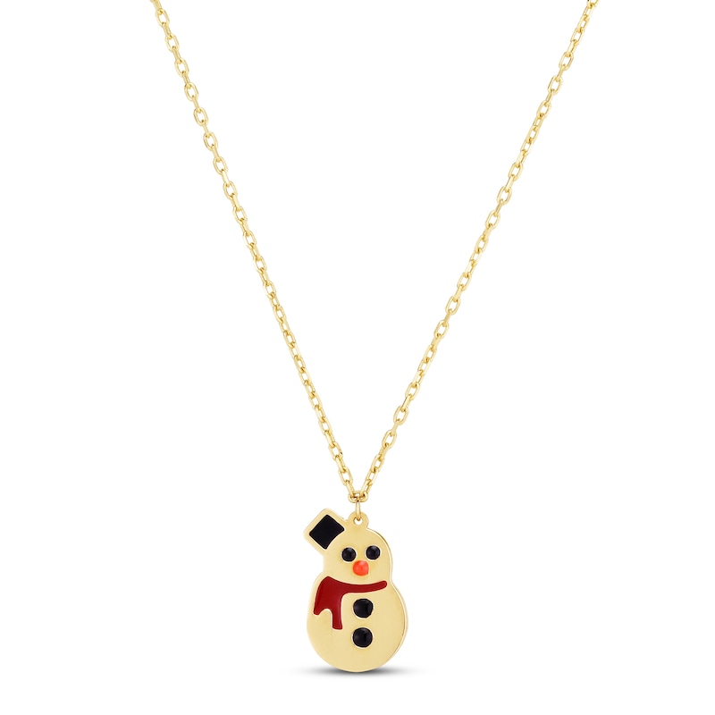 Snowman Pendant Red/Black Enamel Necklace 14K Yellow Gold 18"