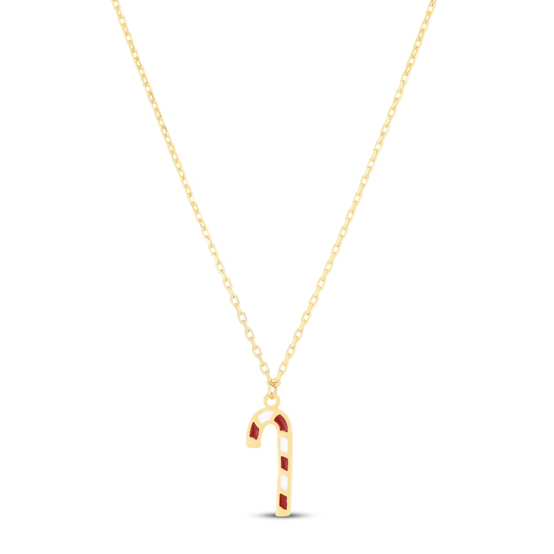 Candy Cane Pendant Necklace Red/White Enamel 14K Yellow Gold 18"