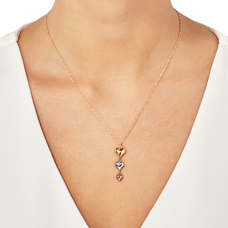 Triple Heart Drop Necklace 10K Tri-Tone Gold 18"