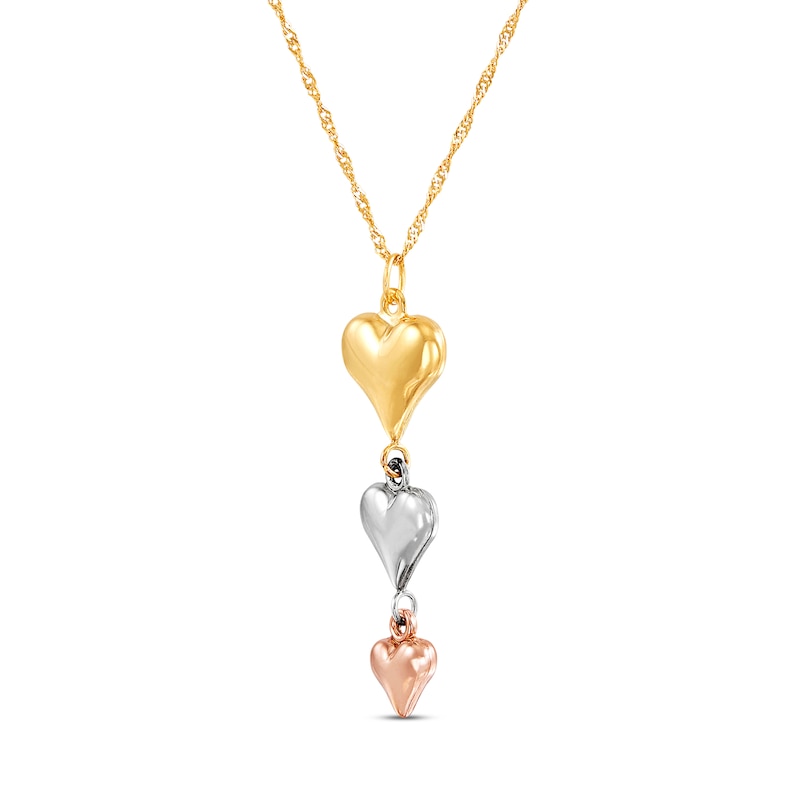 Triple Heart Drop Necklace 10K Tri-Tone Gold 18"