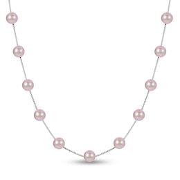 Freshwater Pink Cultured Pearl Station Necklace 14K White Gold