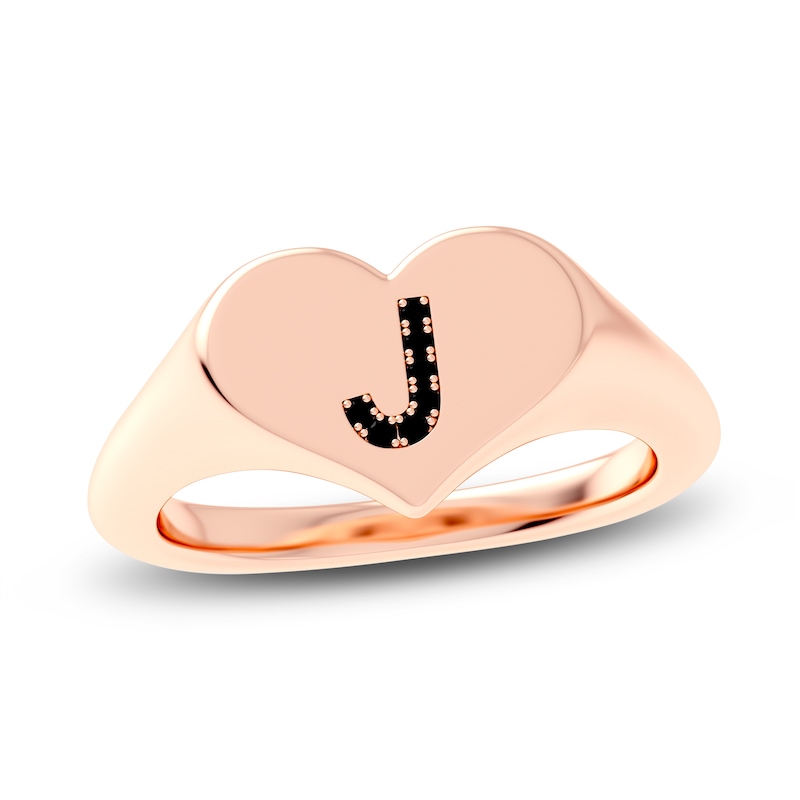 Juliette Maison Black Diamond Initial Heart Signet Ring 1/6 ct tw Round 10K Rose Gold