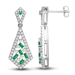 Natural Emerald Dangle Earrings 5/8 ct tw Diamonds 14K White Gold