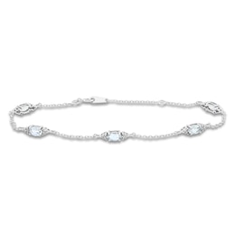 Oval-Cut Natural Aquamarine & Diamond Station Bracelet 1/15 ct tw 10K White Gold 7.25&quot;