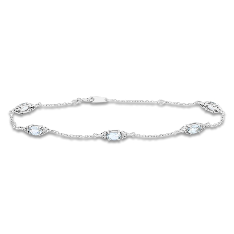 Main Image 1 of Oval-Cut Natural Aquamarine & Diamond Station Bracelet 1/15 ct tw 10K White Gold 7.25&quot;