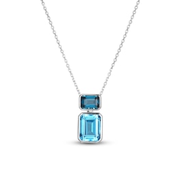 Rectangle-Cut Natural Swiss Blue Topaz & London Blue Topaz Necklace 10K White Gold 18&quot;