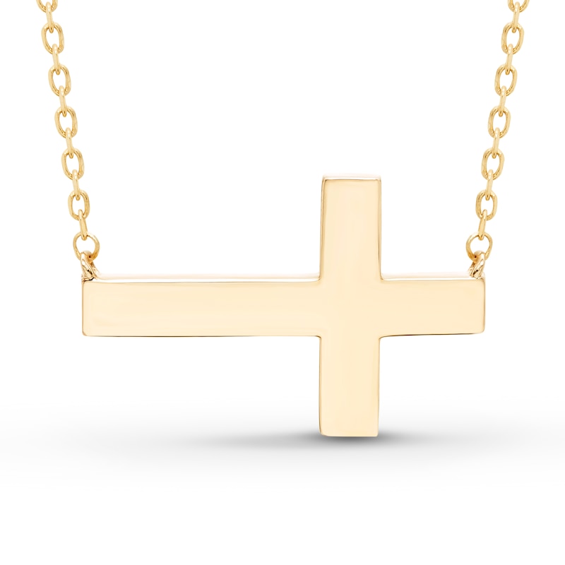 Main Image 1 of Engravable Sideways Cross Necklace 14K Yellow Gold 18&quot; Adjustable