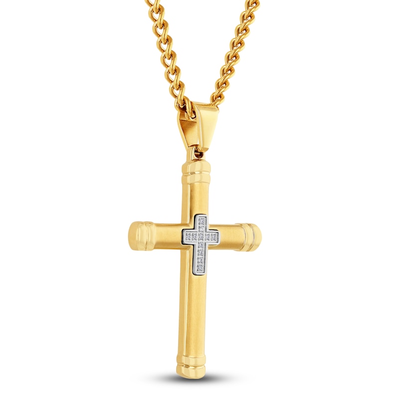 Main Image 2 of Men's Diamond Cross Necklace 1/20 ct tw Yellow Ion-Plated Stainless Steel 24&quot;