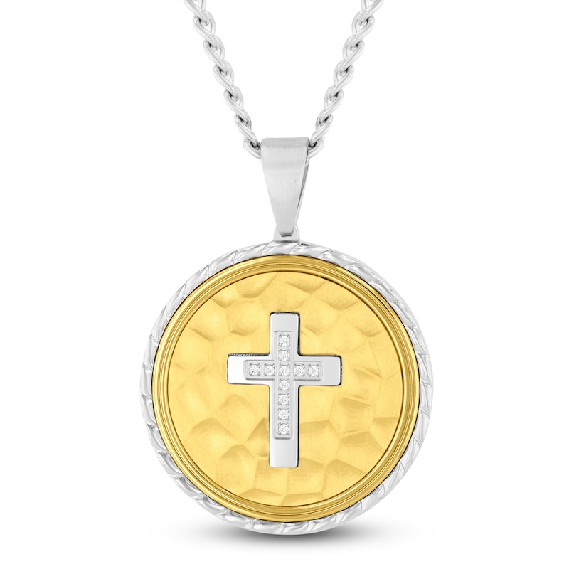 Main Image 1 of Men's Diamond Cross Hammered Medallion Necklace 1/20 ct tw Stainless Steel & Yellow Ion-Plating 24&quot;