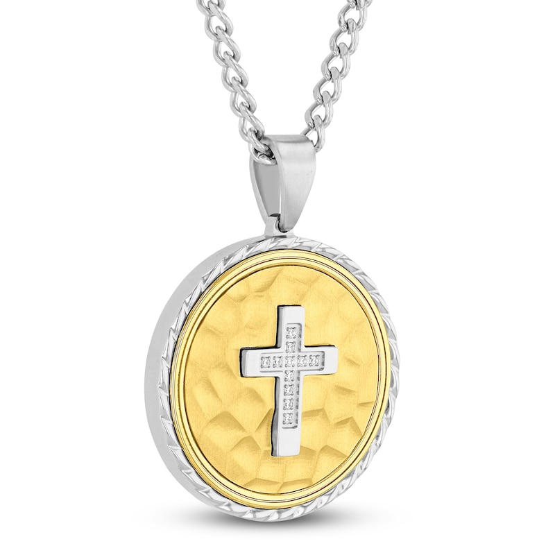 Main Image 2 of Men's Diamond Cross Hammered Medallion Necklace 1/20 ct tw Stainless Steel & Yellow Ion-Plating 24&quot;