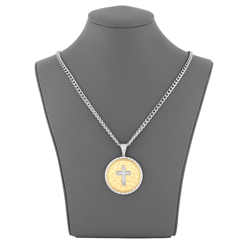 Main Image 4 of Men's Diamond Cross Hammered Medallion Necklace 1/20 ct tw Stainless Steel & Yellow Ion-Plating 24&quot;