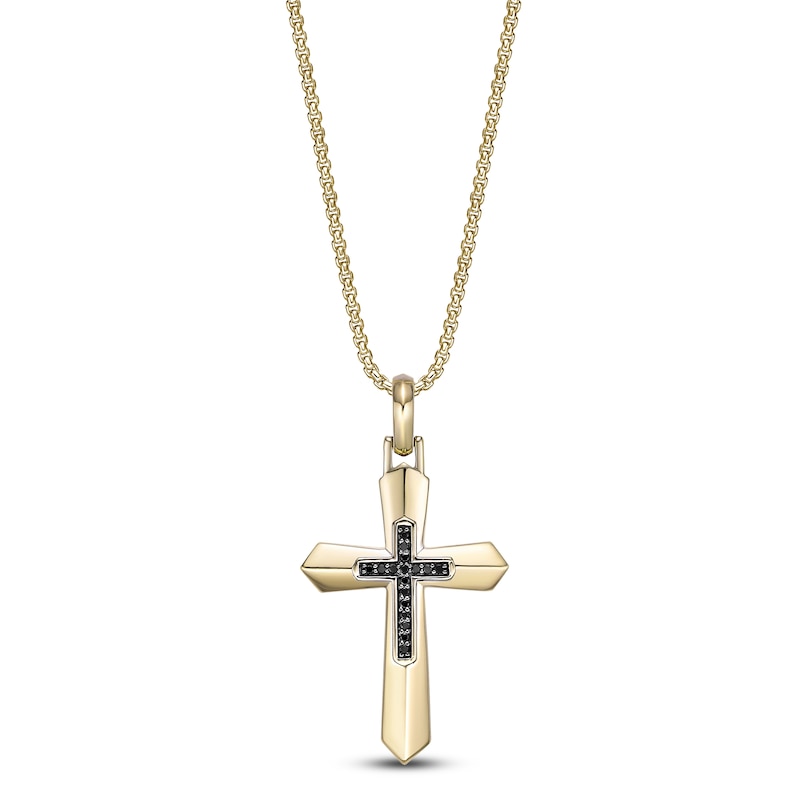 Main Image 1 of Men's Black Diamond Cross Necklace 1/6 ct tw 14K Yellow Gold-Plated Sterling Silver 24&quot;