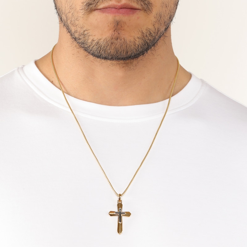 Main Image 7 of Men's Black Diamond Cross Necklace 1/6 ct tw 14K Yellow Gold-Plated Sterling Silver 24&quot;