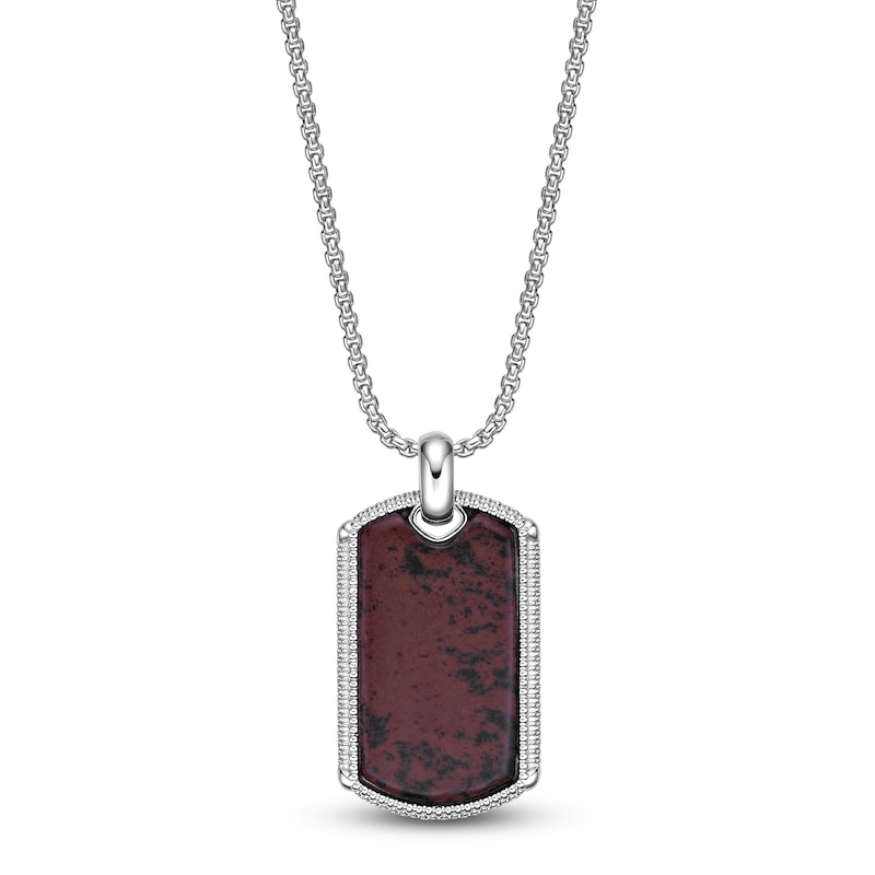 Men's Natural Mahogany Obsidian Dog Tag Necklace Sterling Silver 24"