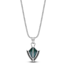 Men's Natural Malachite & Black Spinel Arrowhead Necklace Sterling Silver 24&quot;