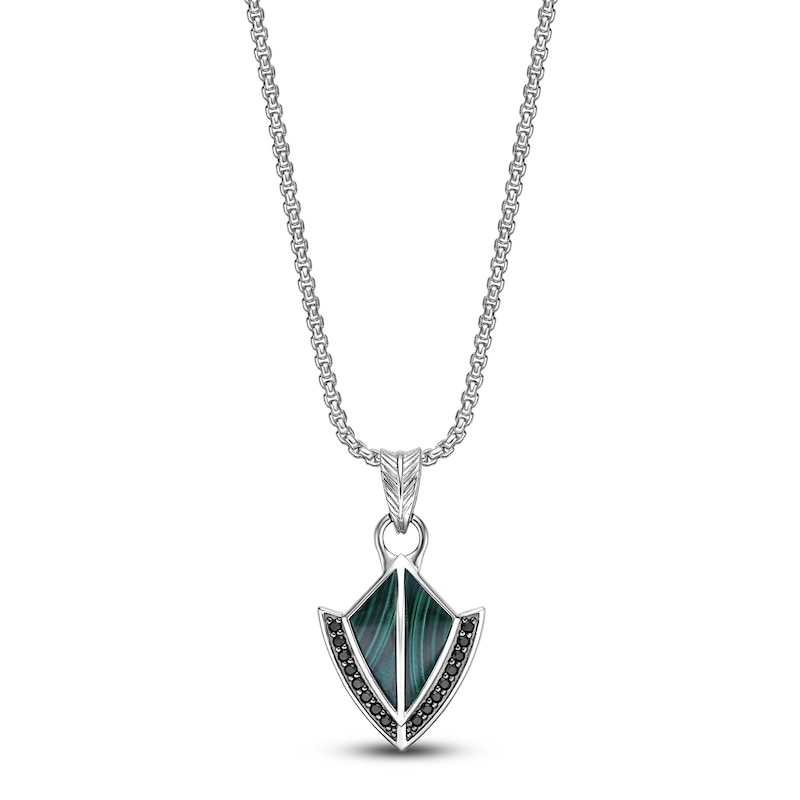 Main Image 1 of Men's Natural Malachite & Black Spinel Arrowhead Necklace Sterling Silver 24&quot;