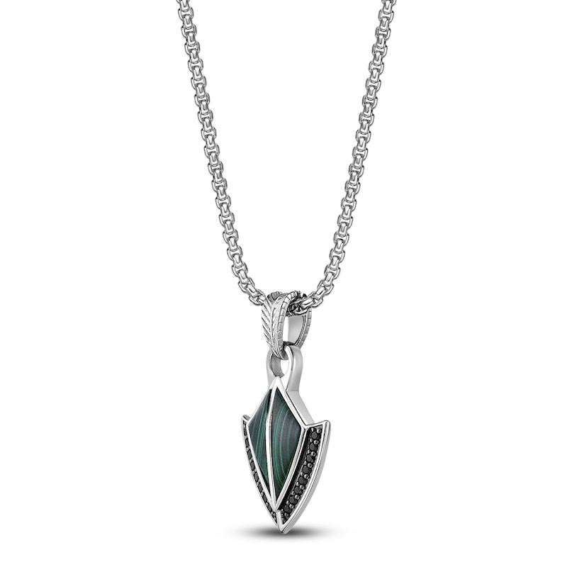 Main Image 2 of Men's Natural Malachite & Black Spinel Arrowhead Necklace Sterling Silver 24&quot;