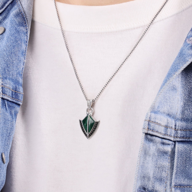 Main Image 6 of Men's Natural Malachite & Black Spinel Arrowhead Necklace Sterling Silver 24&quot;