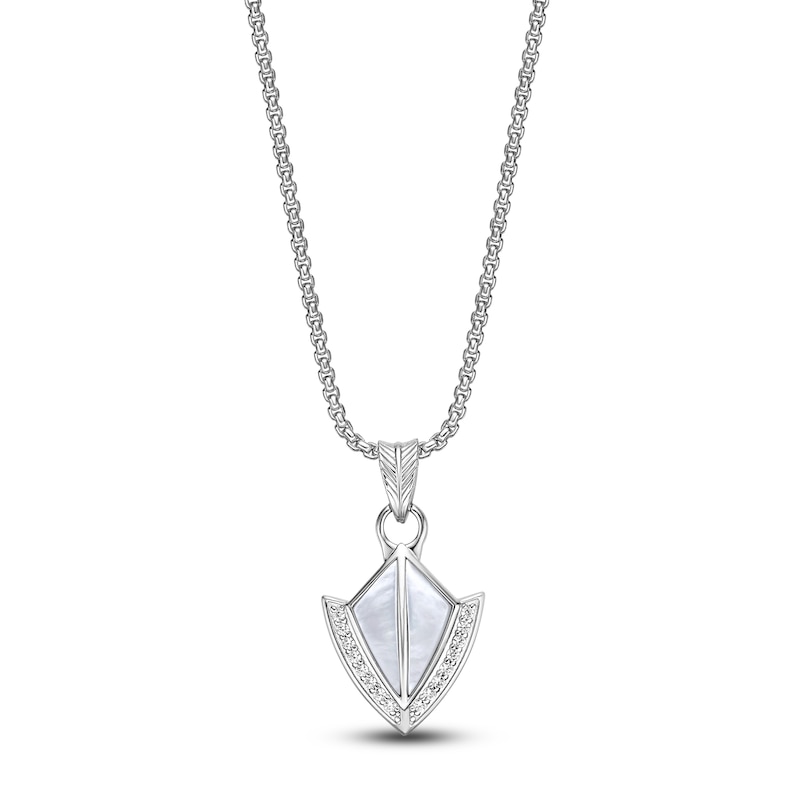 Main Image 1 of Men's Natural Mother-of-Pearl & White Lab-Created Sapphire Arrowhead Necklace Sterling Silver 24"