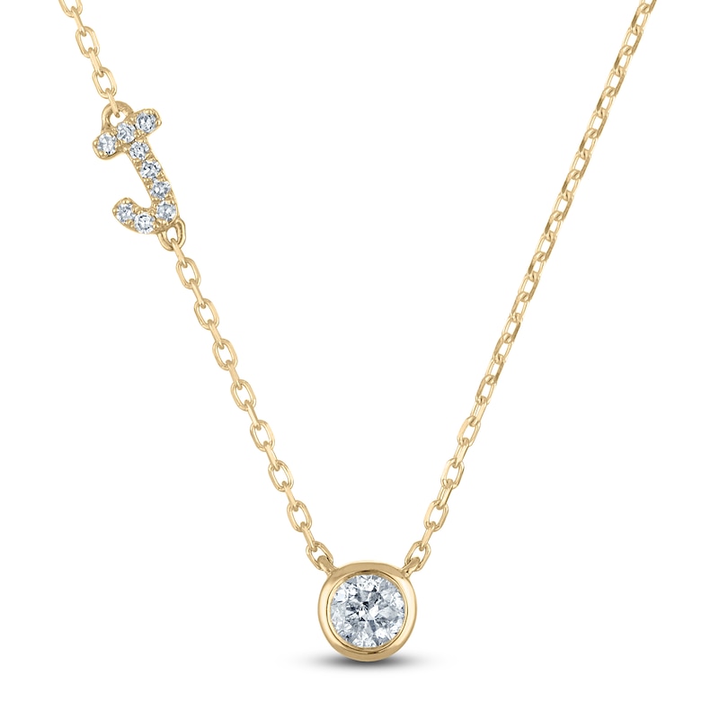 Main Image 1 of Diamond Bezel-Set Solitaire & Initial Necklace 1/3 ct tw 14K Yellow Gold 18&quot;