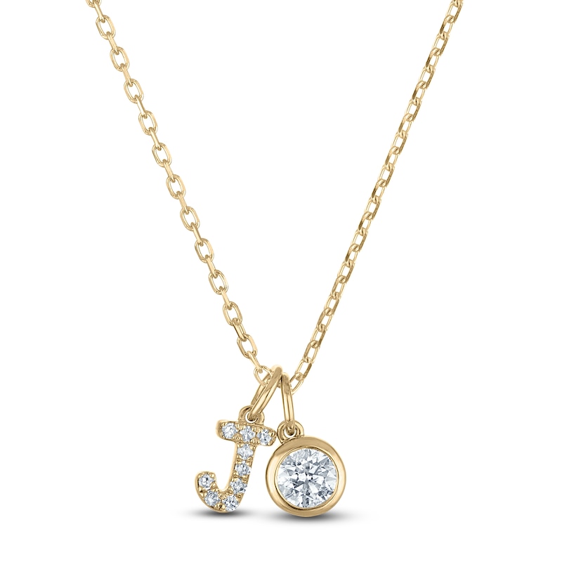 Diamond Bezel-Set Solitaire & Initial Charm Necklace 1/ ct tw 14K Yellow Gold 18