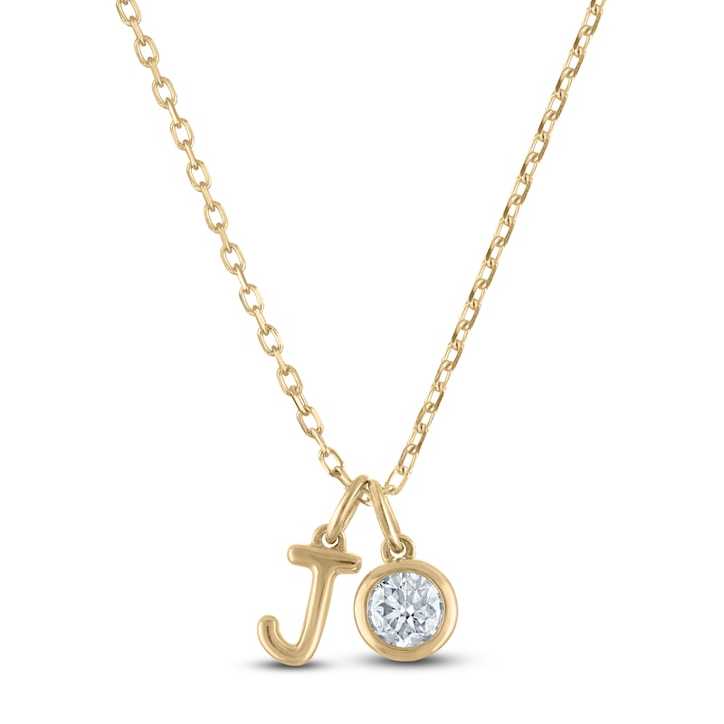 Diamond Bezel-Set Solitaire & Initial Charm Necklace 1/4 ct tw 14K Yellow Gold 18"