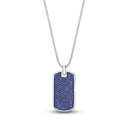 Men's Blue Lab-Created Sapphire Dog Tag Necklace Sterling Silver 24&quot;