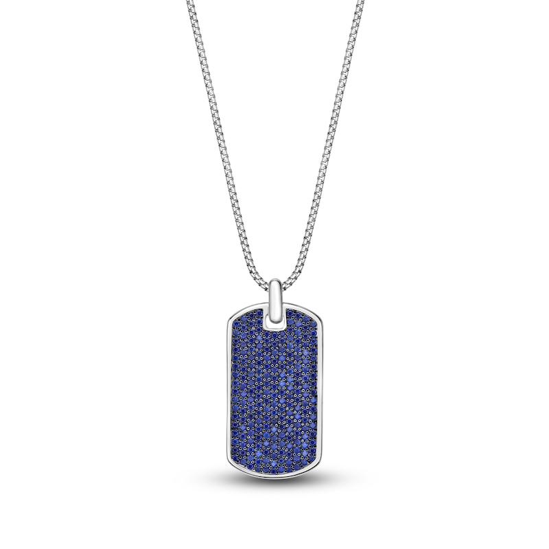 Men's Blue Lab-Created Sapphire Dog Tag Necklace Sterling Silver 24"