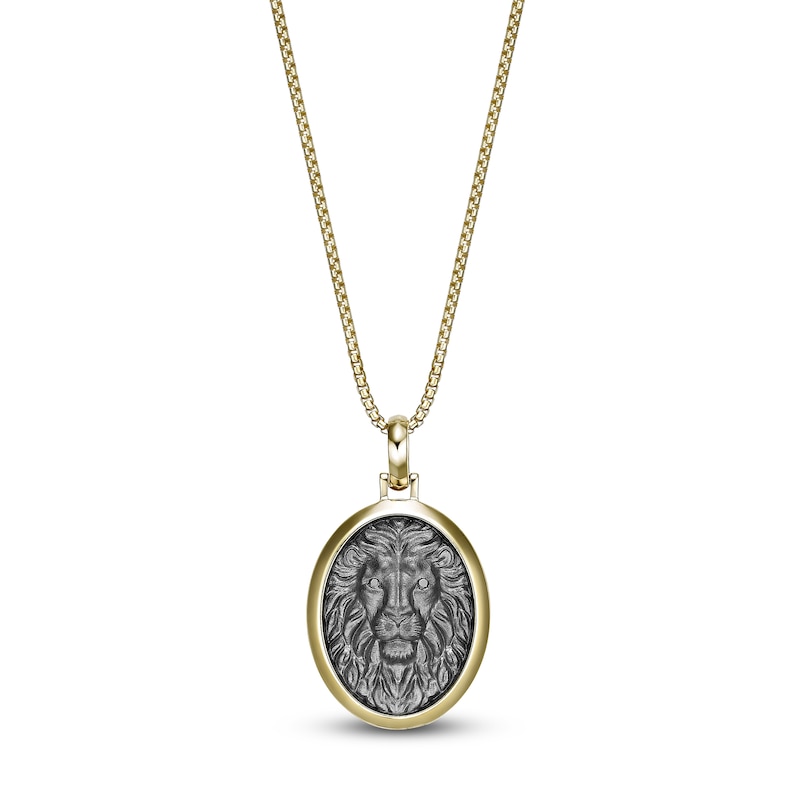 Men's Black Diamond Accent Sculpted Lion Necklace Sterling Silver & 14K Yellow Gold Plating 24"