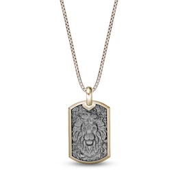 Black Diamond Accent Sculpted Lion Dog Tag Necklace 14K Yellow Gold-Plated Sterling Silver