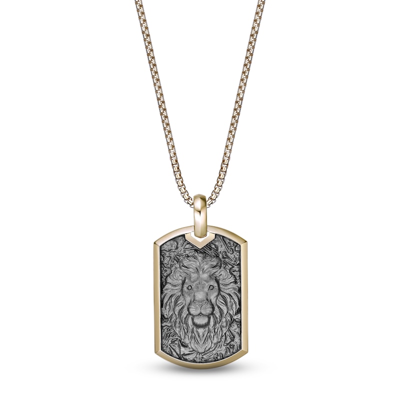 Main Image 1 of Black Diamond Accent Sculpted Lion Dog Tag Necklace 14K Yellow Gold-Plated Sterling Silver