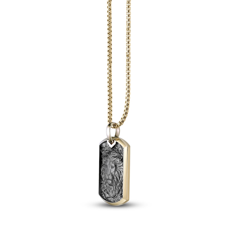 Main Image 2 of Black Diamond Accent Sculpted Lion Dog Tag Necklace 14K Yellow Gold-Plated Sterling Silver