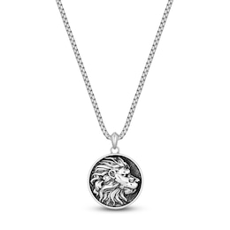 Men's Natural Black Spinel Lion Head Circle Necklace Sterling Silver 24&quot;