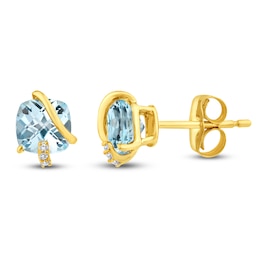 Cushion-Cut Natural Sky Blue Topaz & Diamond Accent Stud Earrings 14K Yellow Gold