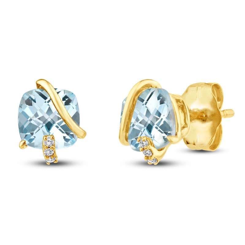 Main Image 2 of Cushion-Cut Natural Sky Blue Topaz & Diamond Accent Stud Earrings 14K Yellow Gold