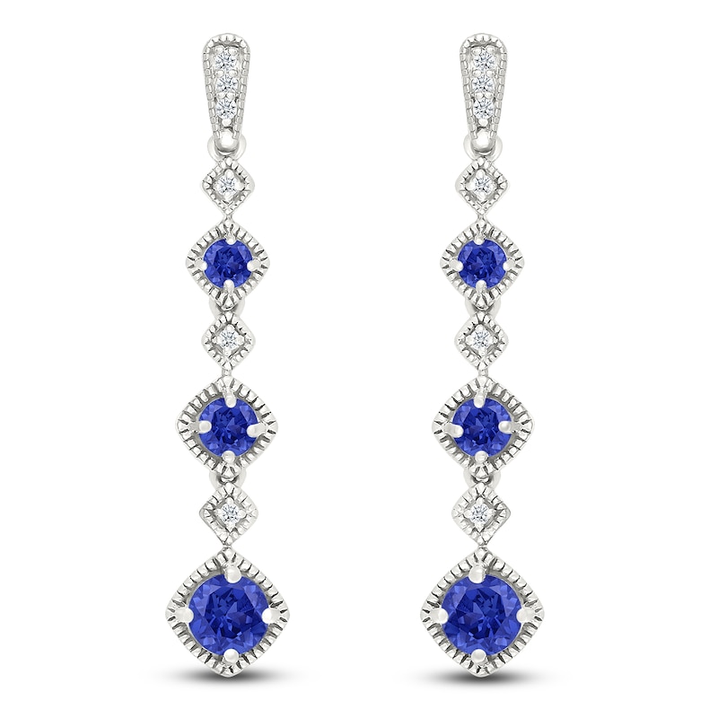 Main Image 1 of Blue Lab-Created Sapphire & Diamond Drop Earrings 1/20 ct tw Sterling Silver