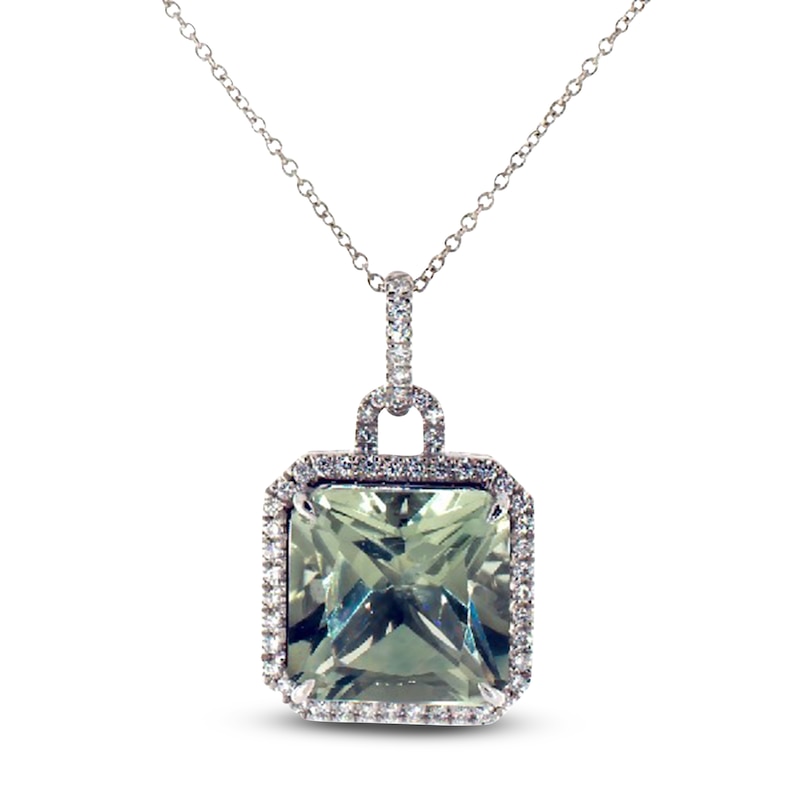 Main Image 1 of Jared Atelier Square-Cut Natural Green Quartz & Certified Diamond Halo Necklace 5/8 ct tw 14K White Gold 19&quot;