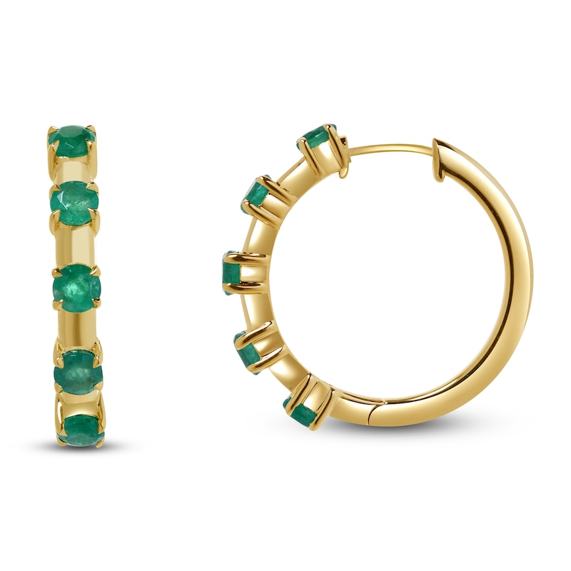 Main Image 1 of Natural Emerald Hoop Earrings 14K Yellow Gold