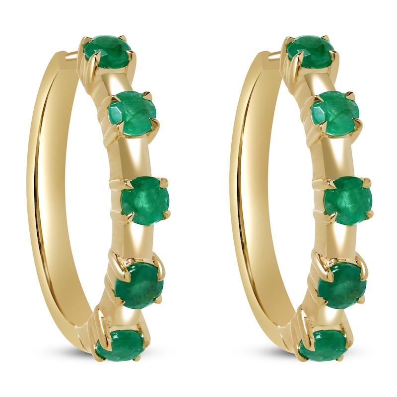 Main Image 3 of Natural Emerald Hoop Earrings 14K Yellow Gold