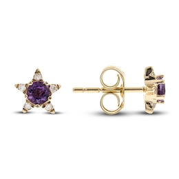 Natural Amethyst Star Stud Earrings 1/20 ct tw Diamonds 14K Yellow Gold